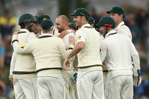 HOBART, AUSTRALIA - DECEMBER 11:  Nathan Lyon of Australia celebrates dismissing Jermaine Blacwood of the West Indies with team mates during day two of the First Test match between Australia and the West Indies at Blundstone Arena on December 11, 2015 in Hobart, Australia.  (Photo by Cameron Spencer/Getty Images)
