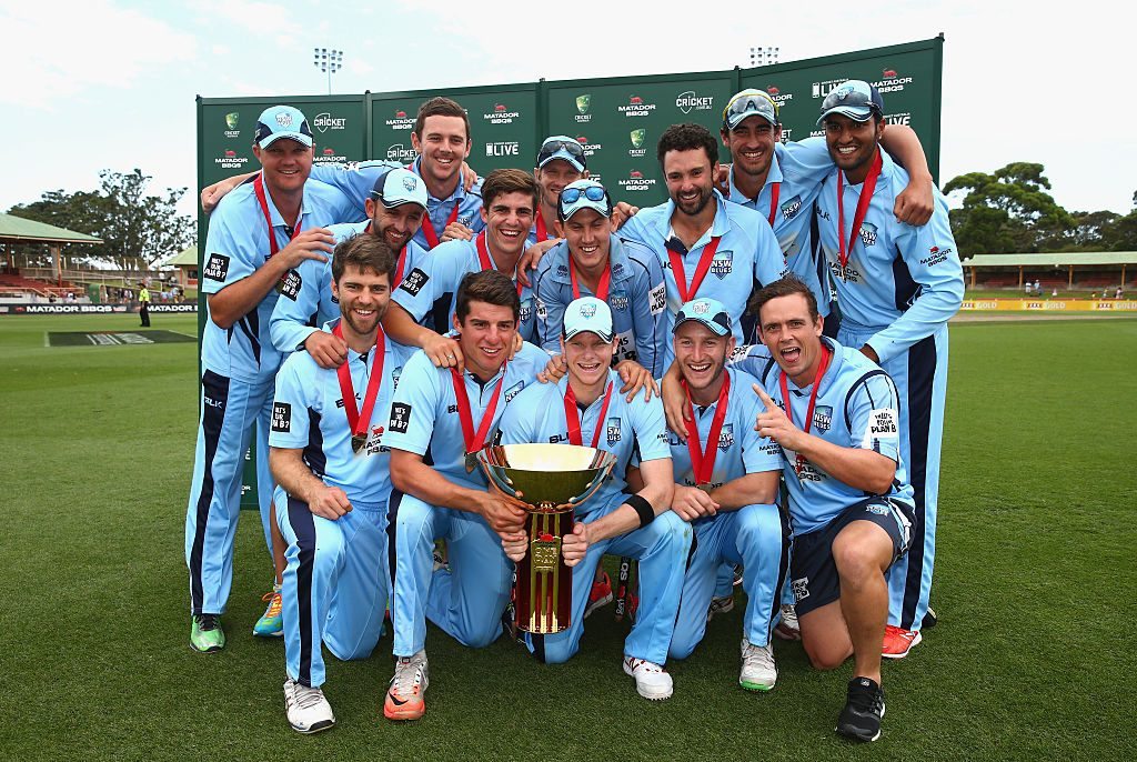 SYDNEY, AUSTRALIA - OCTOBER 25:  New South Wales celebrate with the trophy after the Matador BBQs One Day Cup final match between New South Wales and South Australia at North Sydney Oval on October 25, 2015 in Sydney, Australia.  (Photo by Ryan Pierse/Getty Images)