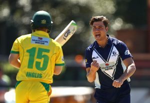 SYDNEY, AUSTRALIA - OCTOBER 11:  Marcus Stoinis of the Bushrangers celebrates after taking the wicket of Josh Inglis of CA XI during the Matador BBQs One Day Cup match between Victoria and the Cricket Australia XI at North Sydney Oval on October 11, 2016 in Sydney, Australia.  (Photo by Ryan Pierse/Getty Images)