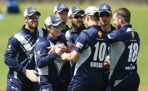Victoria celebrate a wicket during the Matador BBQs One Day Cup match between Victoria and Tasmania at North Sydney Oval on October 13, 2016 in Sydney, Australia.