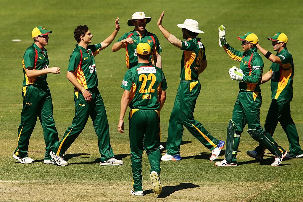 SYDNEY, AUSTRALIA - OCTOBER 19:  Simon Milenko of the Tigers celebrates with team mates after taking the wicket of Callum Ferguson of the Redbacks during the Matador BBQs One Day Cup match between South Australia and Tasmania at Hurstville Oval on October 19, 2016 in Sydney, Australia.  (Photo by Matt King/Getty Images)