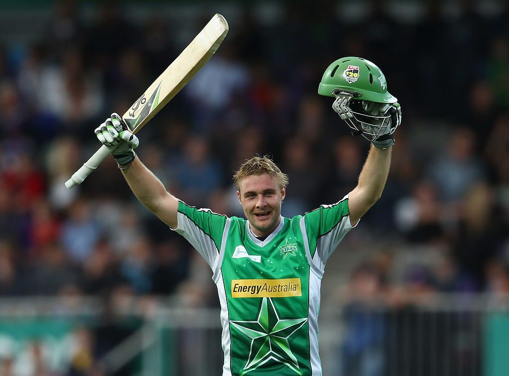 HOBART, AUSTRALIA - JANUARY 09: Luke Wright of the Stars celebrates scoring his onehundred runs during the T20 Big Bash League match between the Hobart Hurricanes and the Melbourne Stars at Bellerive Oval on January 9, 2012 in Hobart, Australia. (Photo by Robert Cianflone/Getty Images)