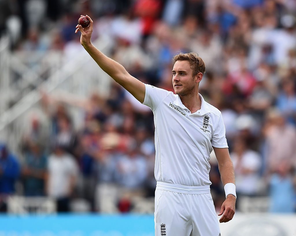 NOTTINGHAM, ENGLAND - AUGUST 06:  Stuart Broad of England celebrates taking his fifth wicket that of Michael Clarke of Australia during day one of the 4th Investec Ashes Test match between England and Australia at Trent Bridge on August 6, 2015 in Nottingham, United Kingdom.  (Photo by Laurence Griffiths/Getty Images)