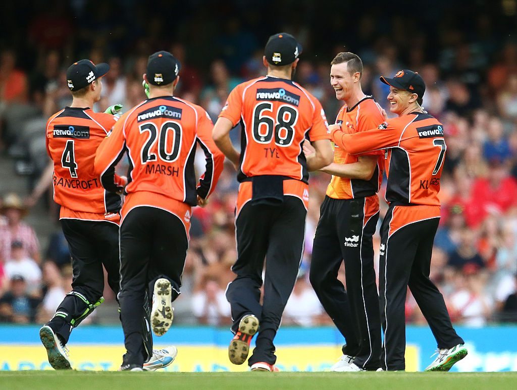 MELBOURNE, AUSTRALIA - DECEMBER 30: Jason Behrendorff of the Scorchers celebrates after dismissing Cameron White of the Renegades during the Big Bash League match between the Melbourne Renegades and the Perth Scorchers at Etihad Stadium on December 30, 2015 in Melbourne, Australia. (Photo by Scott Barbour/Getty Images)