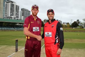 PERTH, AUSTRALIA - OCTOBER 09: Jason Floros of the Bulls and Callum Ferguson of the Redbacks pose after the coin toss during the Matador BBQs One Day Cup match between Queensland and South Australia at WACA on October 9, 2016 in Perth, Australia. (Photo by Paul Kane/Getty Images)
