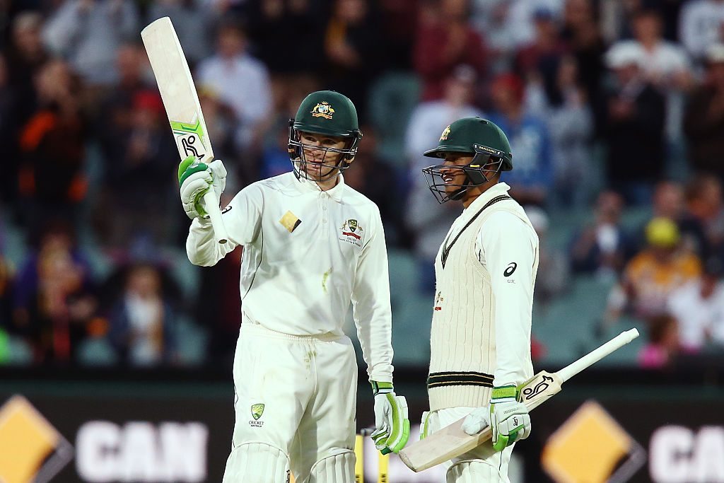 ADELAIDE, AUSTRALIA - NOVEMBER 25:  Peter Handscomb of Australia celebrates reaching 50 runs looks alongside teammate Usman Khawaja during day two of the Third Test match between Australia and South Africa at Adelaide Oval on November 25, 2016 in Adelaide, Australia.  (Photo by Morne de Klerk/Getty Images)