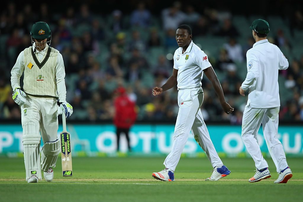 ADELAIDE, AUSTRALIA - NOVEMBER 25:  Kagiso Rabada of South Africa talks to Nic Maddinson of Australia after dismissing him for a duck during day two of the Third Test match between Australia and South Africa at Adelaide Oval on November 25, 2016 in Adelaide, Australia.  (Photo by Cameron Spencer/Getty Images)