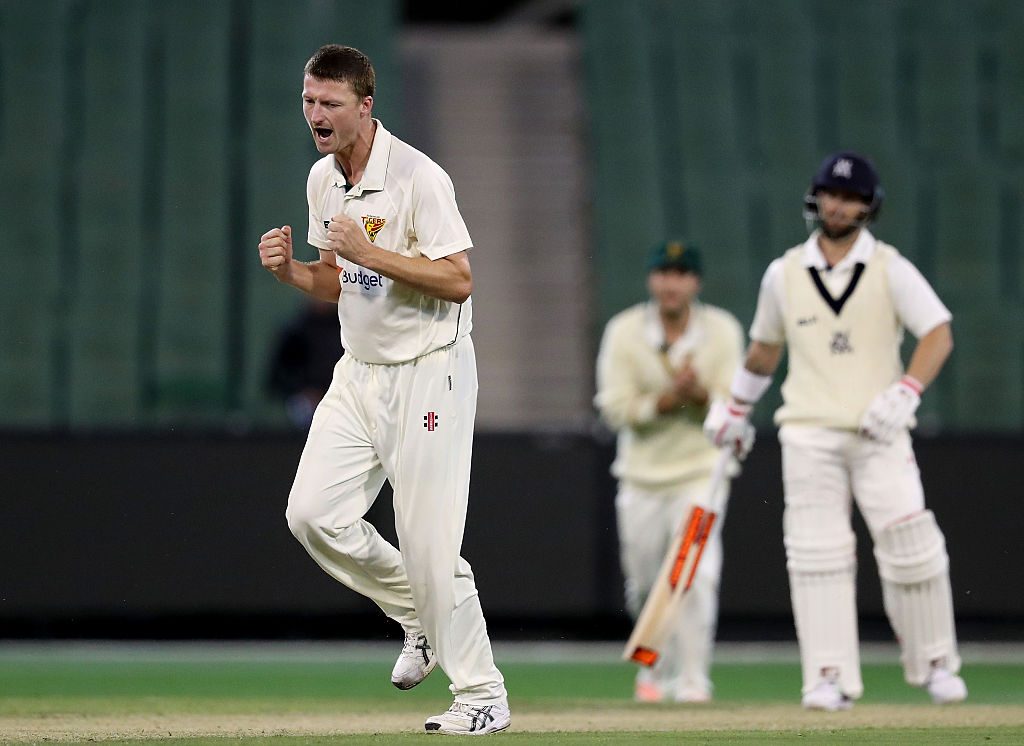 MELBOURNE, AUSTRALIA - OCTOBER 27:  Jackson Bird of Tasmania celebrates after dismissing Cameron White of Victoria during day three of the Sheffield Shield match between Victoria and Tasmania at the Melbourne Cricket Ground on October 27, 2016 in Melbourne, Australia.  (Photo by Scott Barbour/Getty Images)
